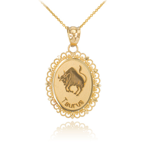 Polished Gold Taurus Zodiac Sign Oval Pendant Necklace