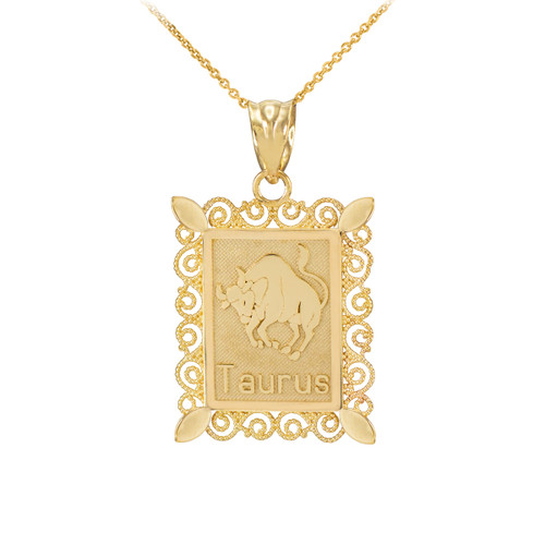 Polished Gold Taurus Zodiac Sign Rectangular Pendant Necklace