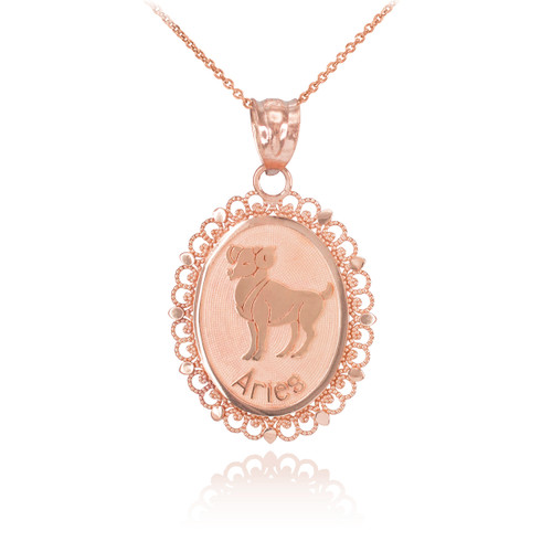 Polished Rose Gold Aries Zodiac Sign Oval Pendant Necklace