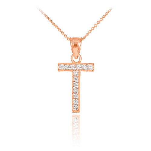 Rose Gold Letter "T" Diamond Initial Pendant Necklace