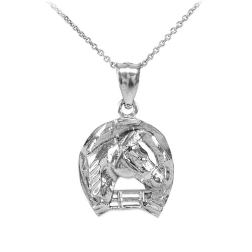 Silver Horseshoe with Horse Head Charm Pendant Necklace