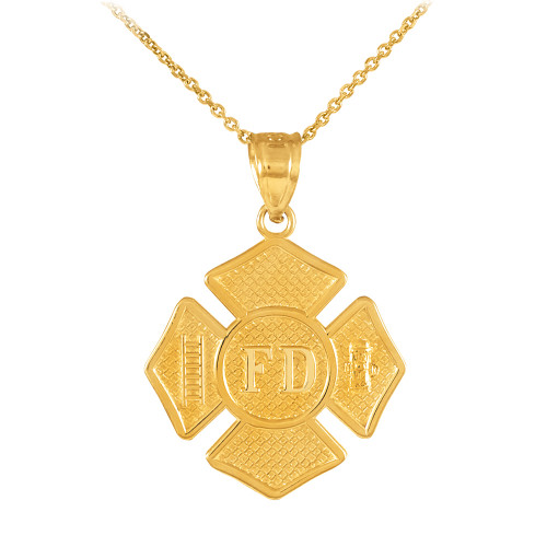 Solid Gold Fire Department Firefighter Badge Pendant  Necklace