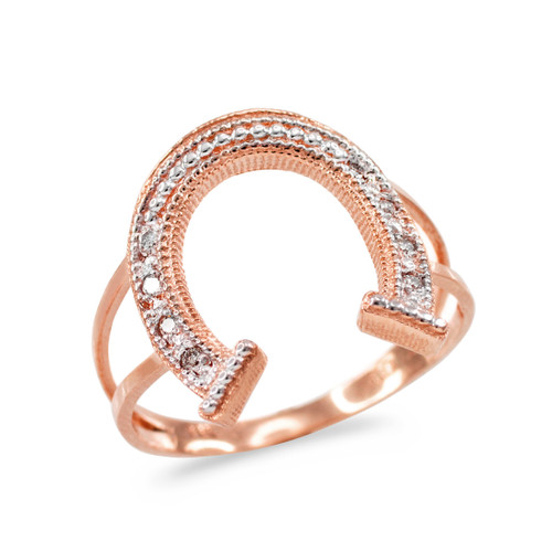 Dainty Rose Gold Lucky Horseshoe Diamond Pave Ladies Ring