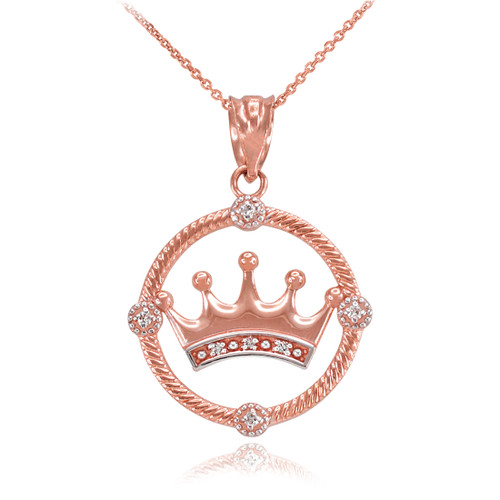 Rose Gold Quinceanera Crown Diamond Pendant Necklace