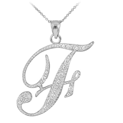 Sterling Silver Letter Script "F" CZ Initial Necklace