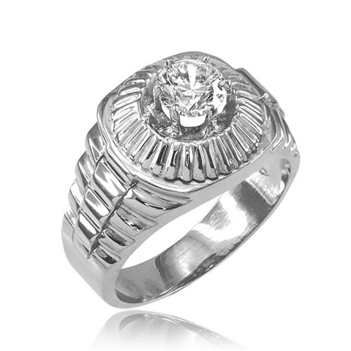 Sterling Silver Watchband Design Mens CZ Ring