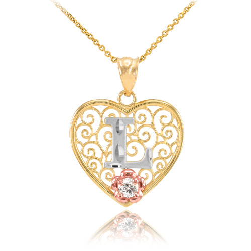 Two Tone Yellow Gold Filigree Heart "L" Initial CZ Pendant Necklace