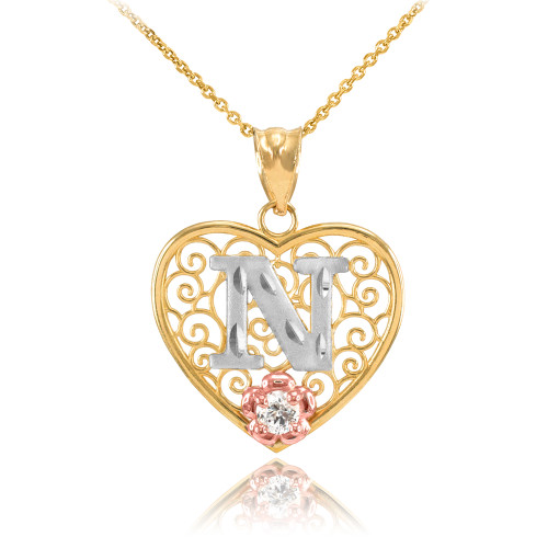 Two Tone Yellow Gold Filigree Heart "N" Initial CZ Pendant Necklace