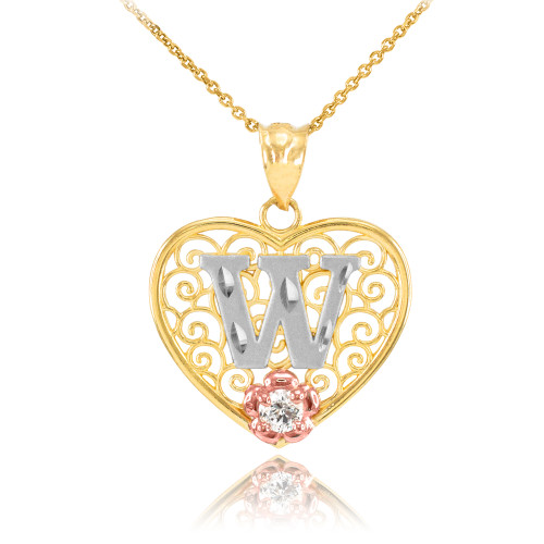 Two Tone Yellow Gold Filigree Heart "W" Initial CZ Pendant Necklace