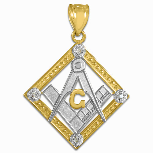 Two-Tone Gold Square Freemason Diamond Masonic Pendant Necklace