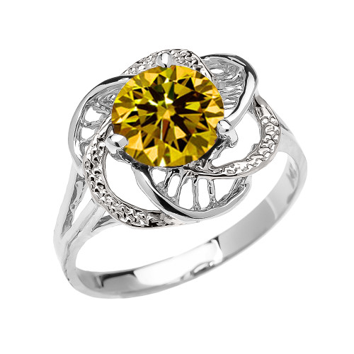 White Gold CZ Citrine Solitaire Modern Flower Ladies Ring