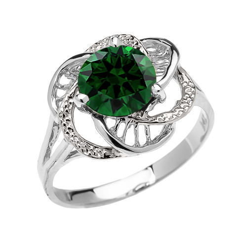 White Gold CZ Emerald Solitaire Modern Flower Ladies Ring