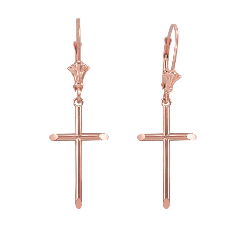 14K Polished Rose Gold Plain Tube Cross Earrings