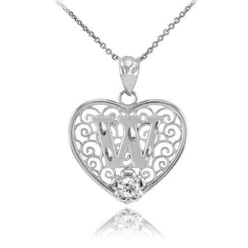 White Gold Filigree Heart "W" Initial CZ Pendant Necklace