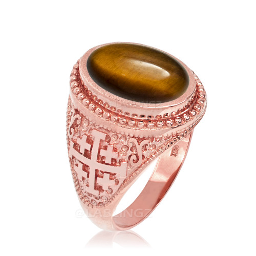 Rose Gold Jerusalem Cross Tiger Eye Gemstone Statement Ring