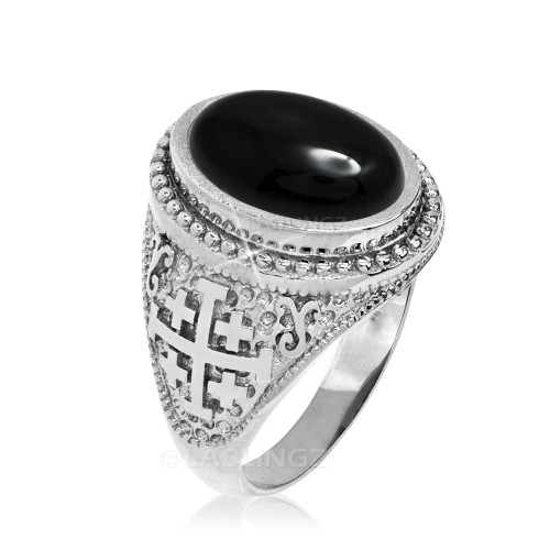 White Gold Jerusalem Cross Black Onyx Gemstone Statement Ring