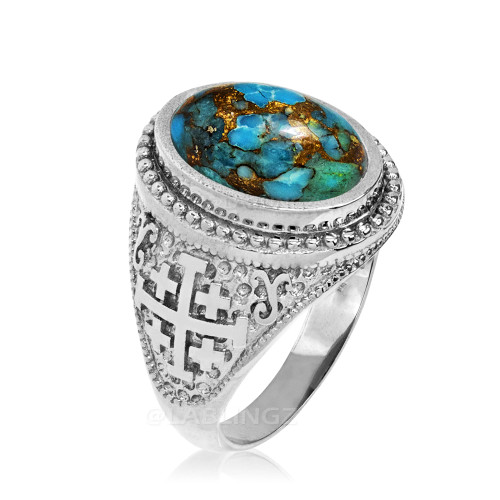 White Gold Jerusalem Cross Blue Copper Turquoise Statement Ring