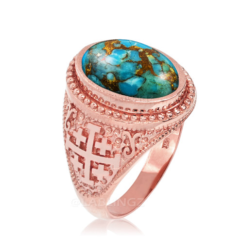 Rose Gold Jerusalem Cross Blue Copper Turquoise Statement Ring