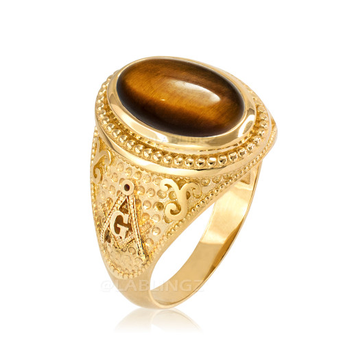 Gold Masonic Tiger Eye Gemstone Statement Ring