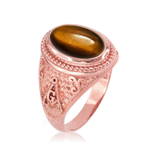 Rose Gold Masonic Tiger Eye Gemstone Statement Ring