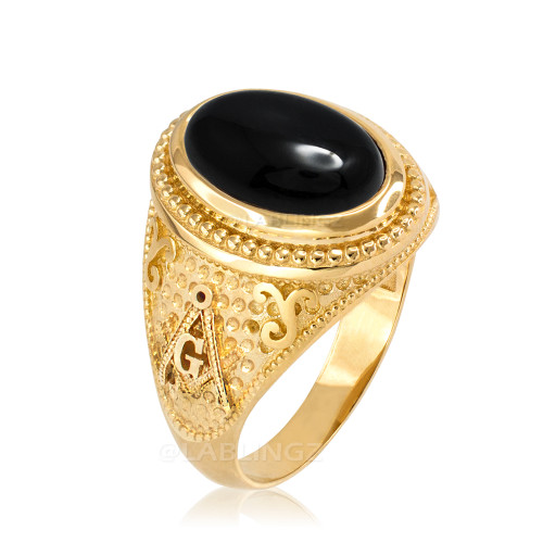 Yellow Gold Masonic Black Onyx Gemstone Ring