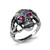 Oxidized Sterling Silver Skull CZ Ring | Skeleton Hands Red Eyes Multicolor CZ Stones