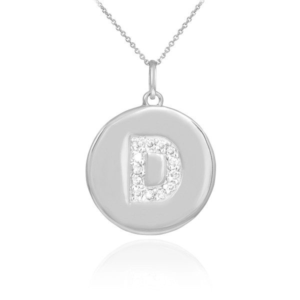 Letter "D" disc pendant necklace with diamonds in 10k or 14k white gold.