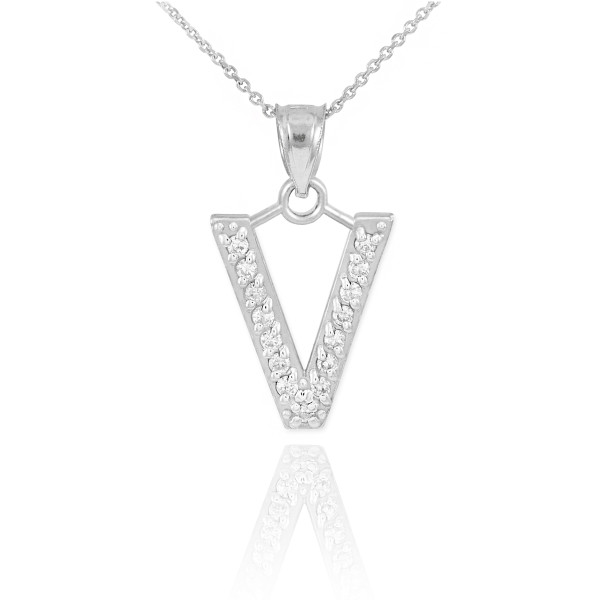 White Gold Letter "V" Diamond Initial Pendant Necklace