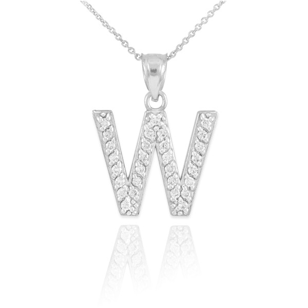 White Gold Letter "W" Initial Diamond Monogram Pendant Necklace