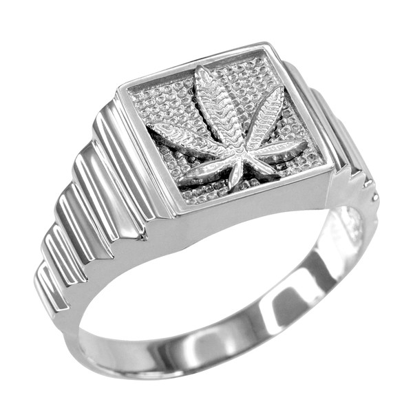 White Gold Marijuana Square Mens Ring