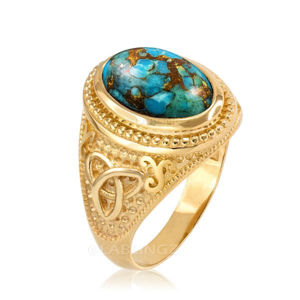 Yellow Gold Celtic Knot Blue Copper Turquoise Ring