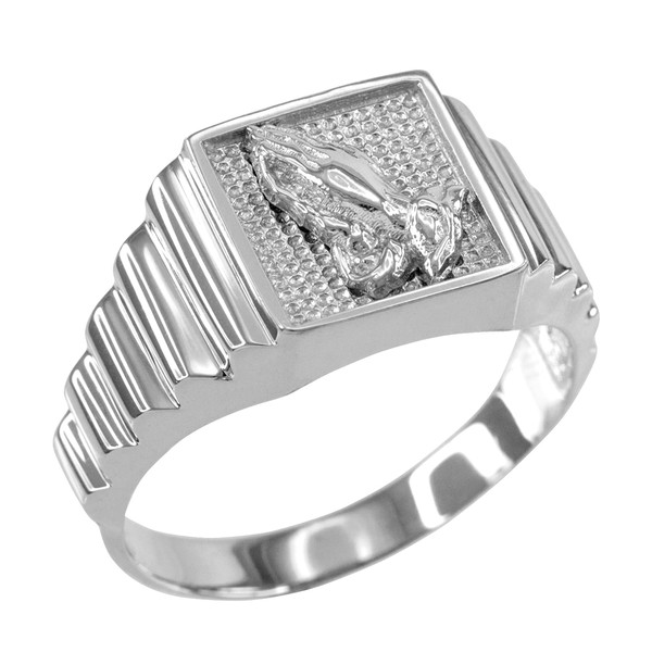 White Gold Praying Hands Square Mens Ring