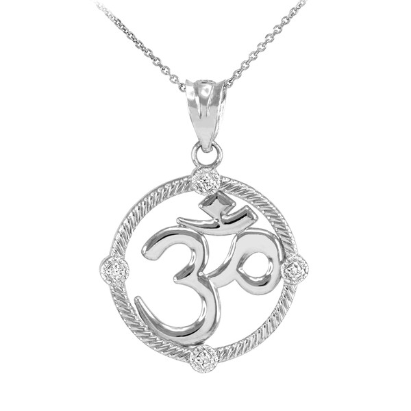 White Gold Roped Circle Diamond Hindu Meditation Charm Yoga "Om" (Aum) Pendant Necklace