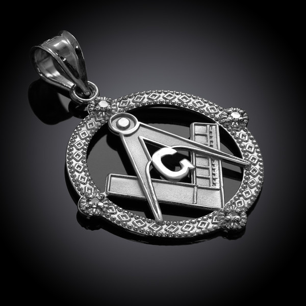 White Gold Round Freemason Diamond Masonic Pendant Necklace