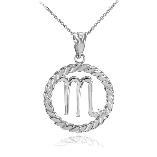 White Gold Scorpio Zodiac Sign in Circle Rope Pendant Necklace