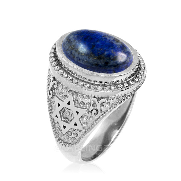 White Gold Star of David Lapis Lazuli Gemstone Jewish Statement Ring