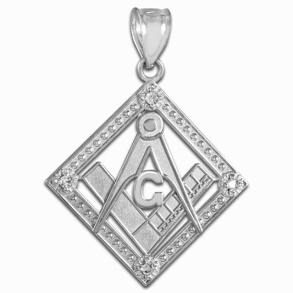 White Gold Square Freemason Diamond Masonic Pendant Necklace