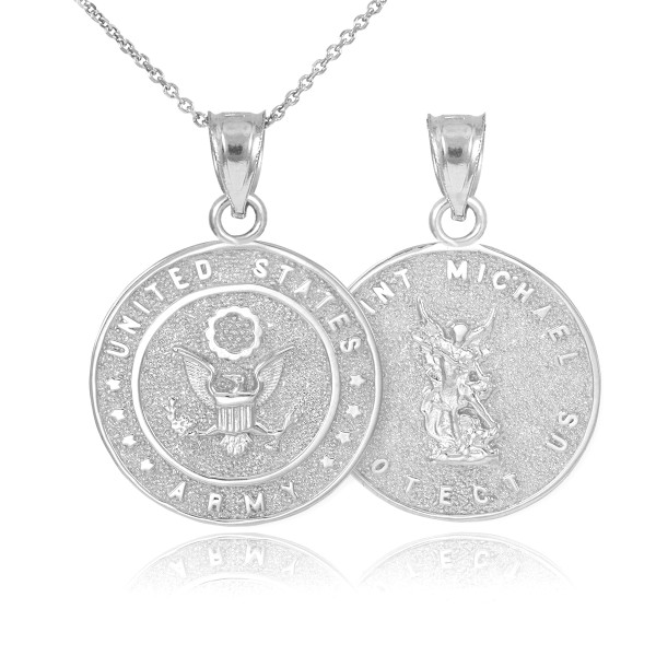 White Gold US Army Reversible St. Michael Pendant Necklace