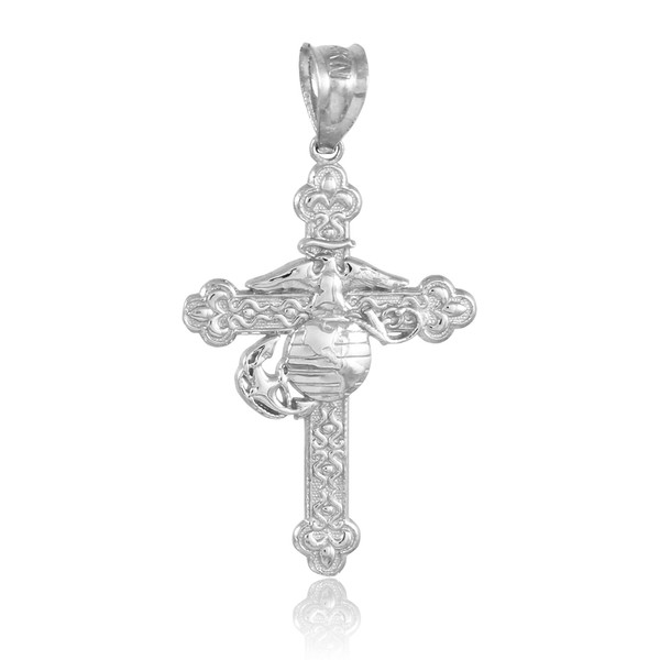 White Gold US Marine Christian Cross Charm Pendant Necklace