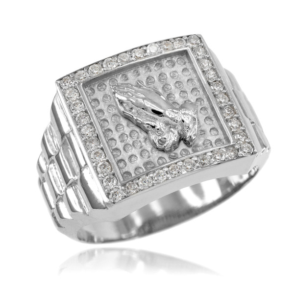 White Gold Watchband Design Men's Pray CZ Ring