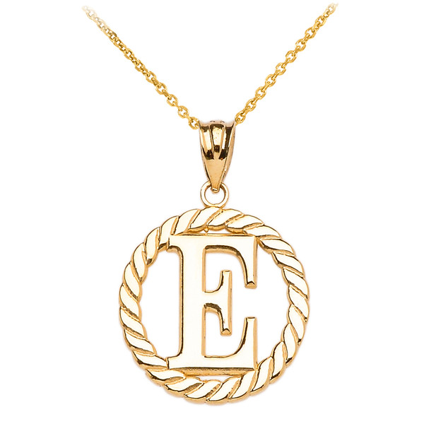 Yellow Gold "E" Initial in Rope Circle Pendant Necklace