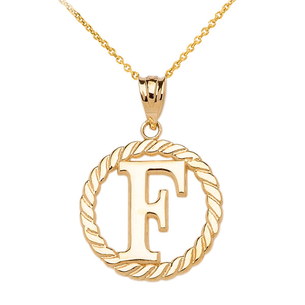 Yellow Gold "F" Initial in Rope Circle Pendant Necklace
