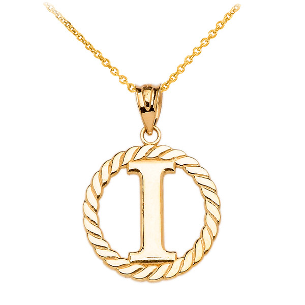 Yellow Gold "I" Initial in Rope Circle Pendant Necklace