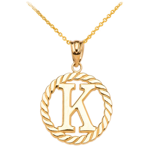 Yellow Gold "K" Initial in Rope Circle Pendant Necklace