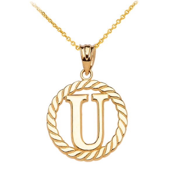Yellow Gold "U" Initial in Rope Circle Pendant Necklace