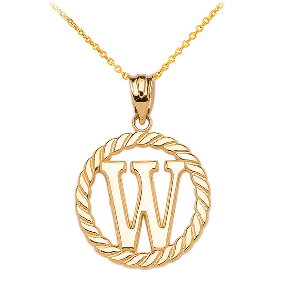 Yellow Gold "W" Initial in Rope Circle Pendant Necklace