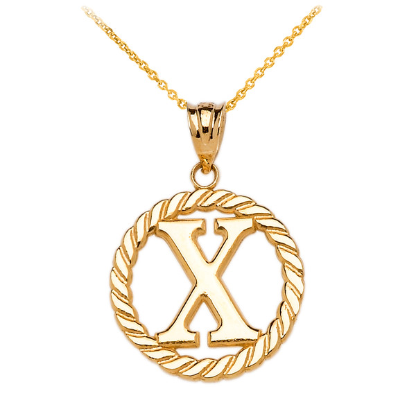 Yellow Gold "X" Initial in Rope Circle Pendant Necklace