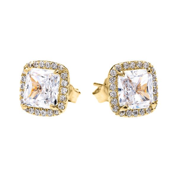 Yellow Gold Elegant Diamond Halo Solitaire Princess Cut Cubic Zirconia Stud Earrings