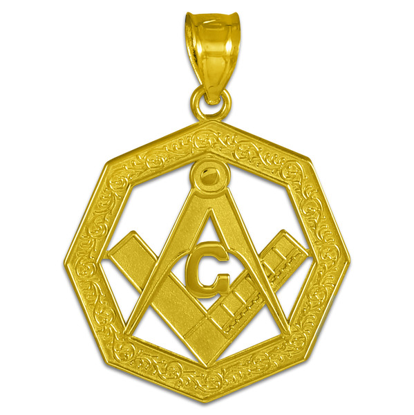 Yellow Gold Freemason Octagonal Masonic Bail Pendant Necklace