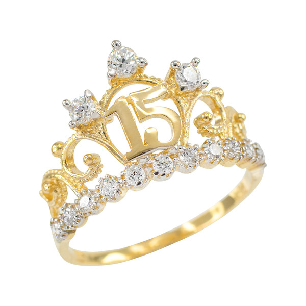 Yellow Gold Quinceanera 15 Anos Crown CZ Ring